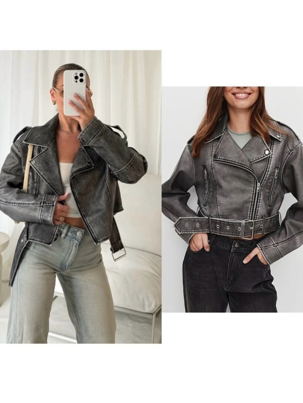 QED LONDON Gray Washed Faux Leather PU Zip Up Belted Cropped Moto Biker Jacket 8